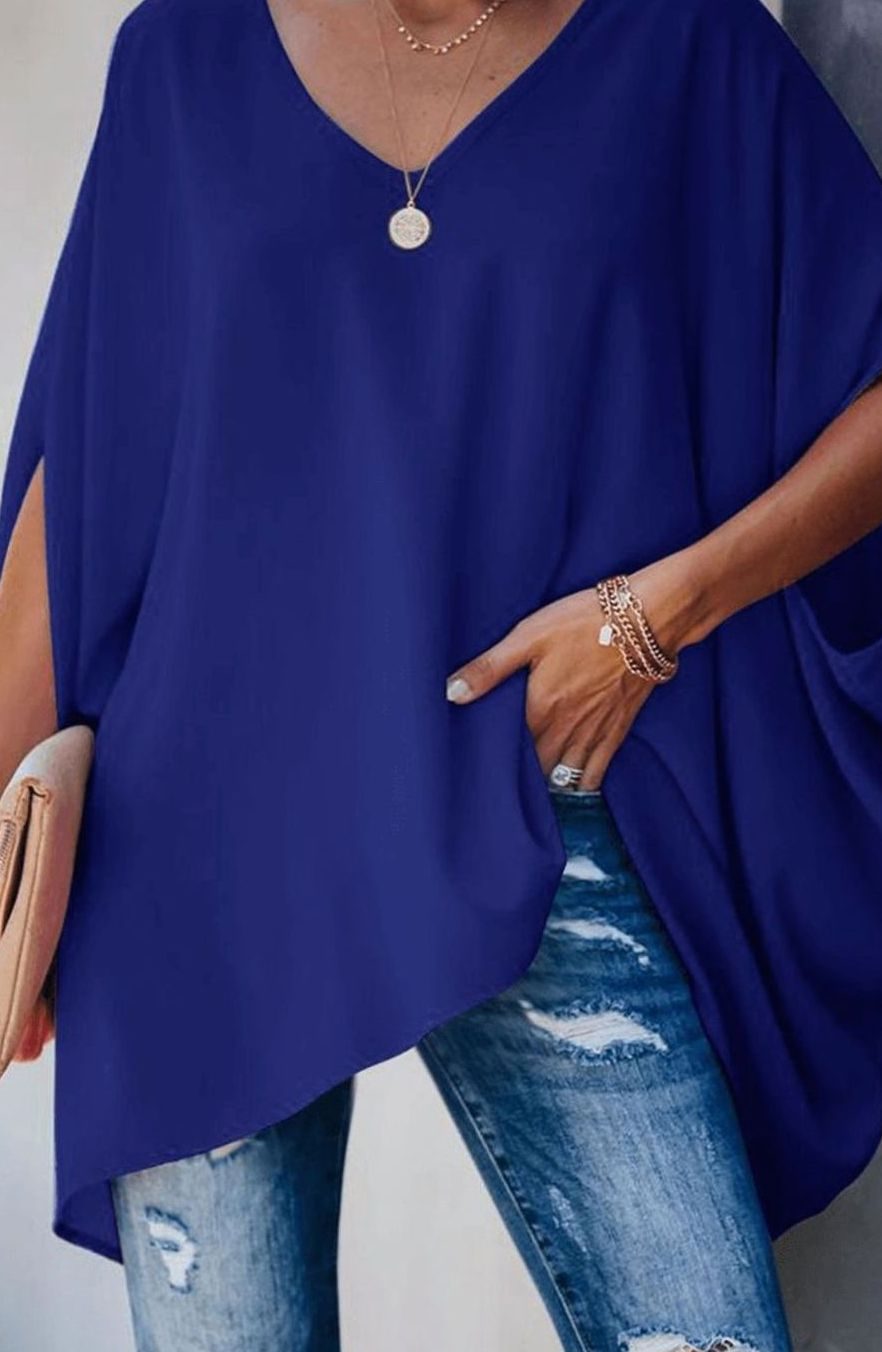 Women's Relaxed Batwing V-Neck Long-Sleeve Tunic Blouse