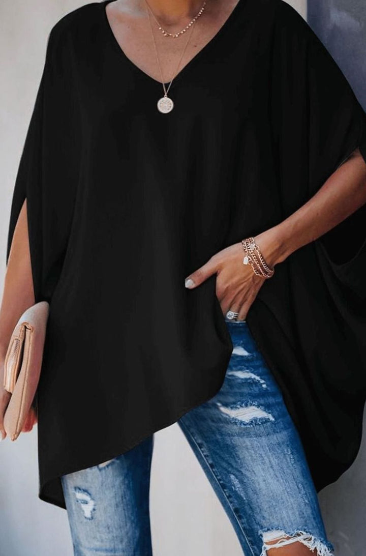 Women's Relaxed Batwing V-Neck Long-Sleeve Tunic Blouse