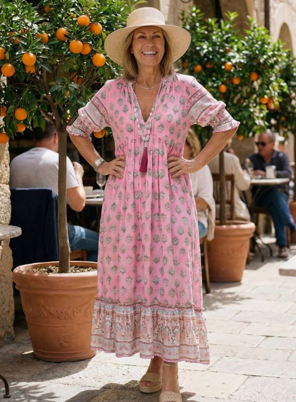 Women's Relaxed Boho V-Neck Ruffle-Sleeve Floral Midi Dress