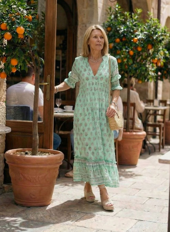 Women's Relaxed Boho V-Neck Ruffle-Sleeve Floral Midi Dress