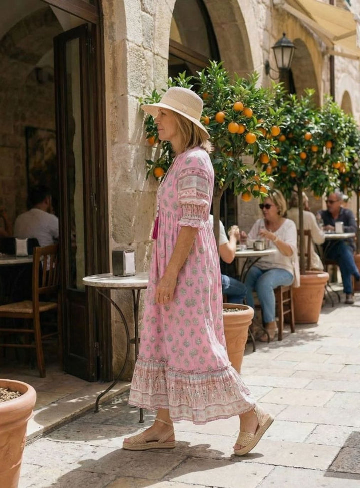Women's Relaxed Boho V-Neck Ruffle-Sleeve Floral Midi Dress