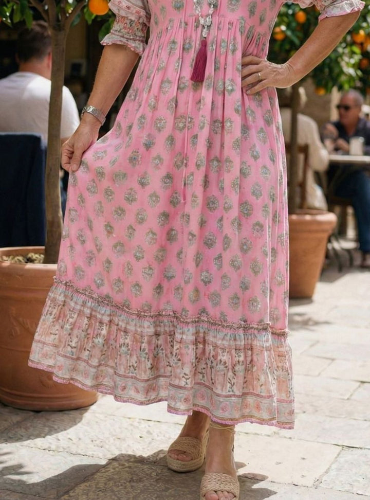 Women's Relaxed Boho V-Neck Ruffle-Sleeve Floral Midi Dress