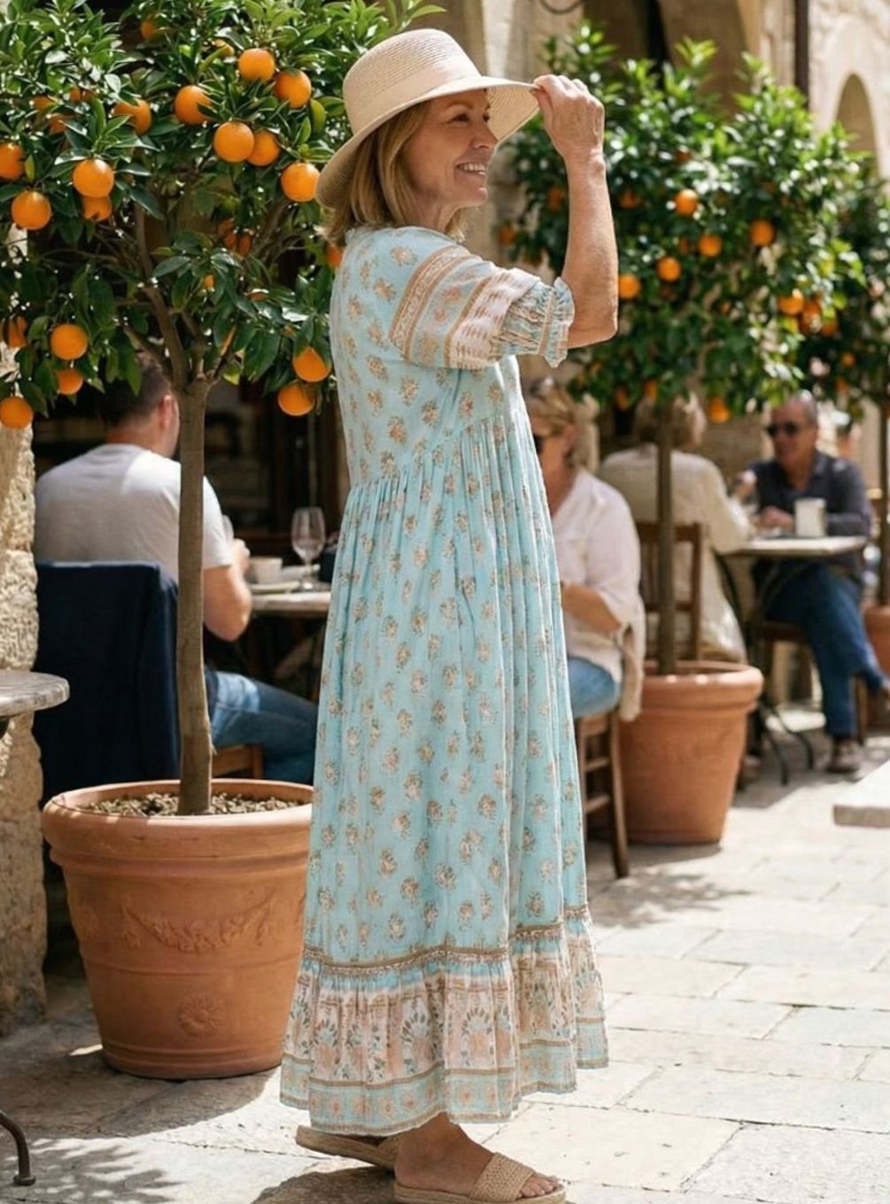 Women's Relaxed Boho V-Neck Ruffle-Sleeve Floral Midi Dress