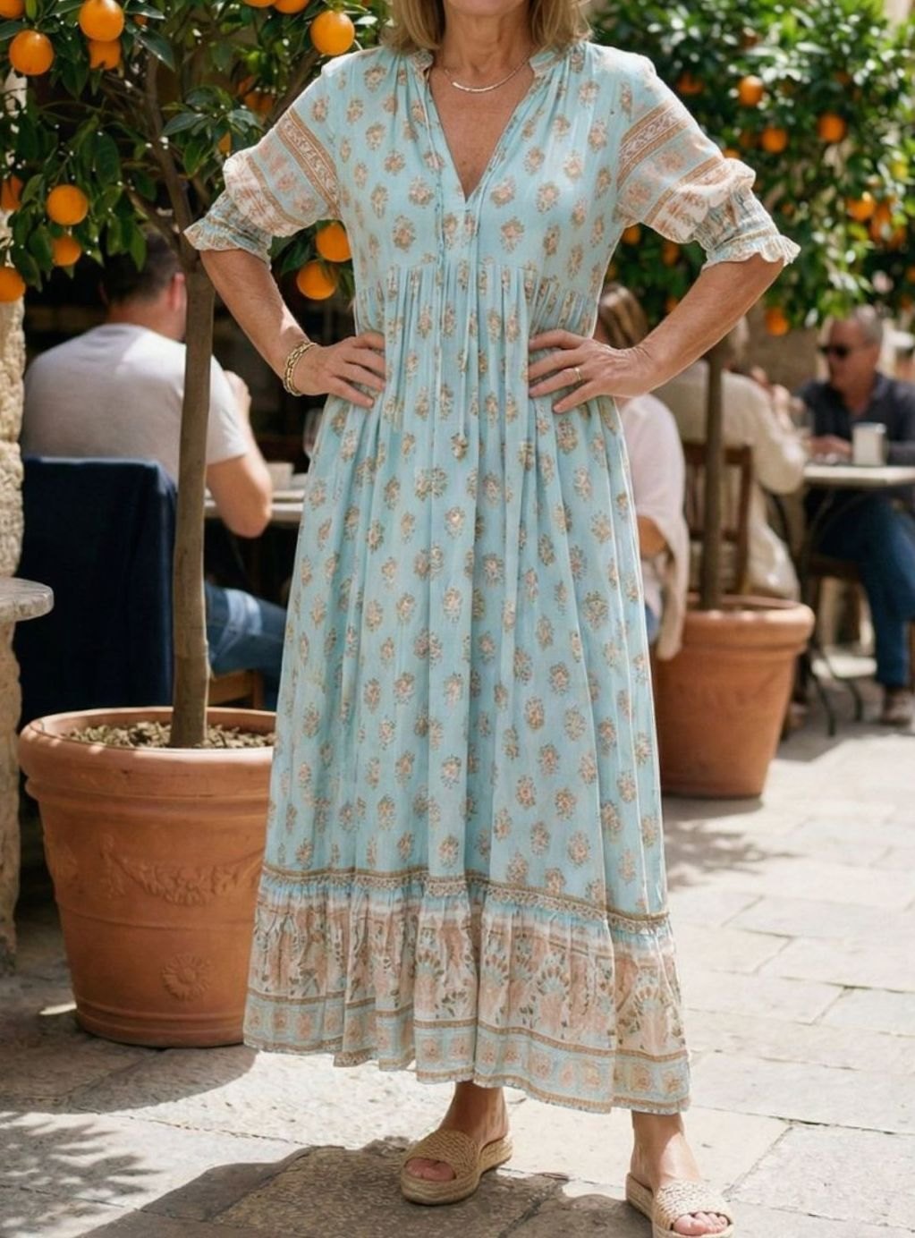 Women's Relaxed Boho V-Neck Ruffle-Sleeve Floral Midi Dress