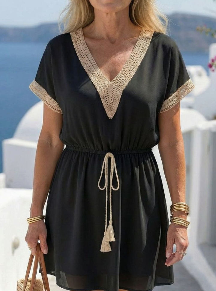Women's Relaxed Crochet-Trim V-Neck Kaftan Mini Dress