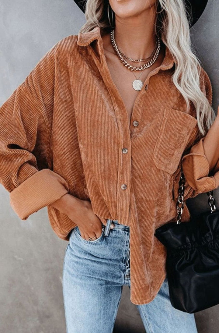 Women's Relaxed Drop-Shoulder Corduroy Button-Up Blouse