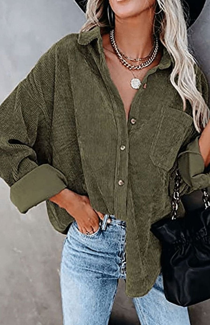 Women's Relaxed Drop-Shoulder Corduroy Button-Up Blouse
