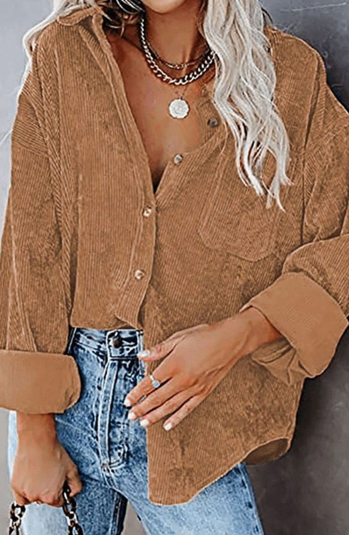 Women's Relaxed Drop-Shoulder Corduroy Button-Up Blouse