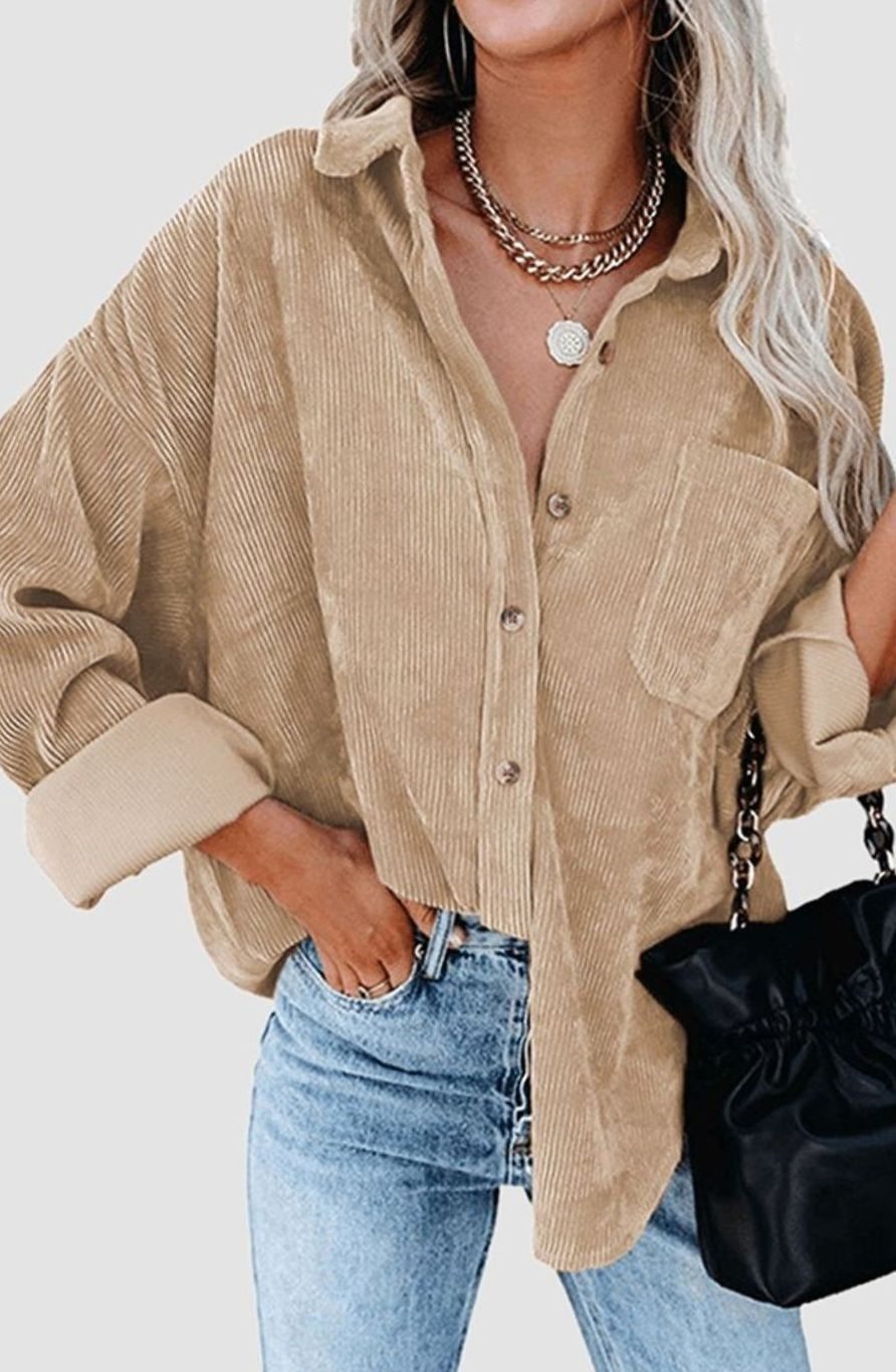 Women's Relaxed Drop-Shoulder Corduroy Button-Up Blouse
