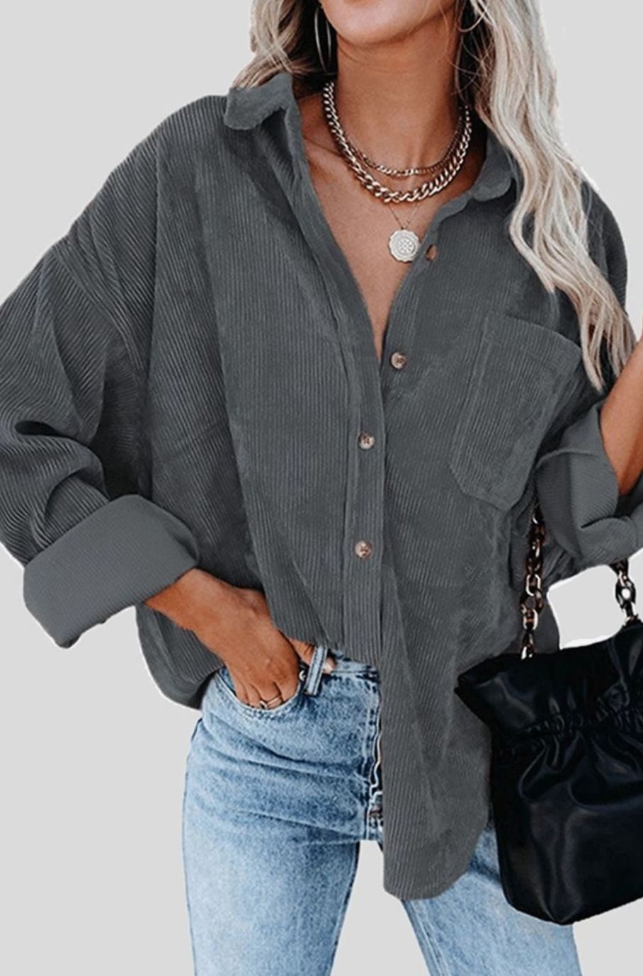 Women's Relaxed Drop-Shoulder Corduroy Button-Up Blouse