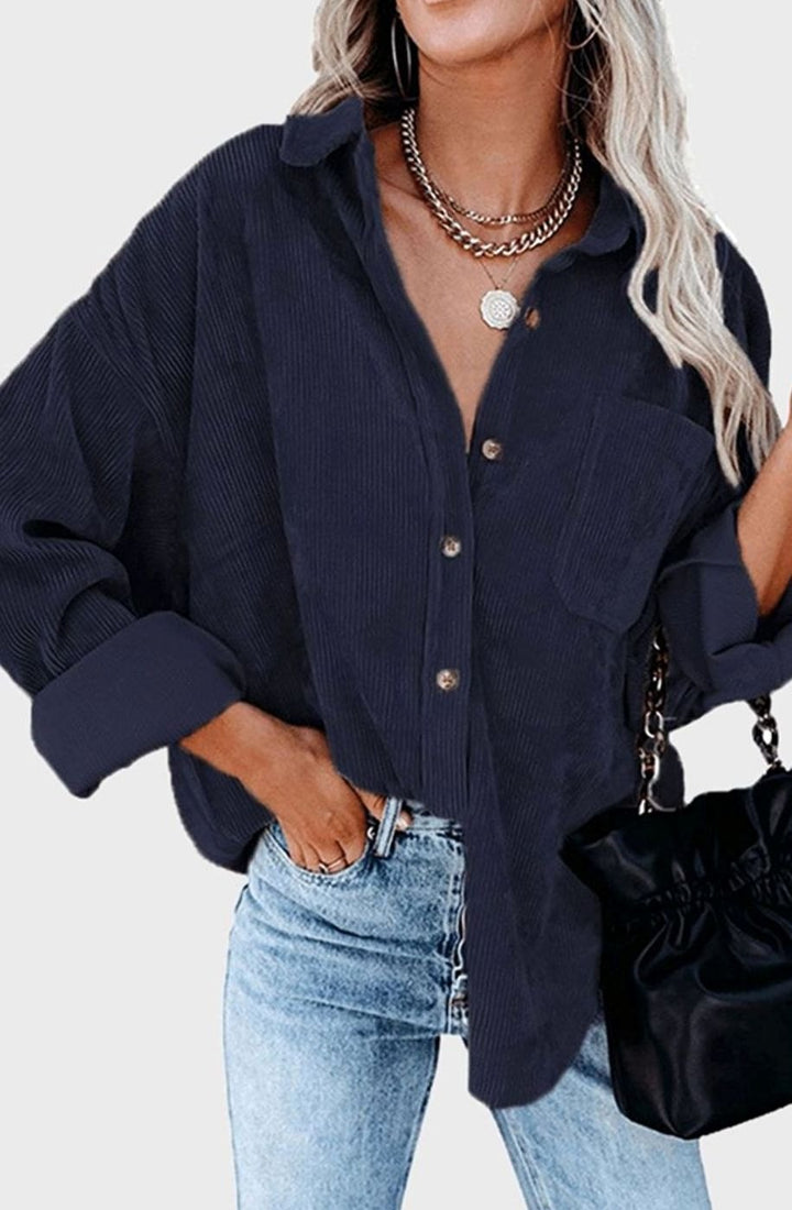 Women's Relaxed Drop-Shoulder Corduroy Button-Up Blouse