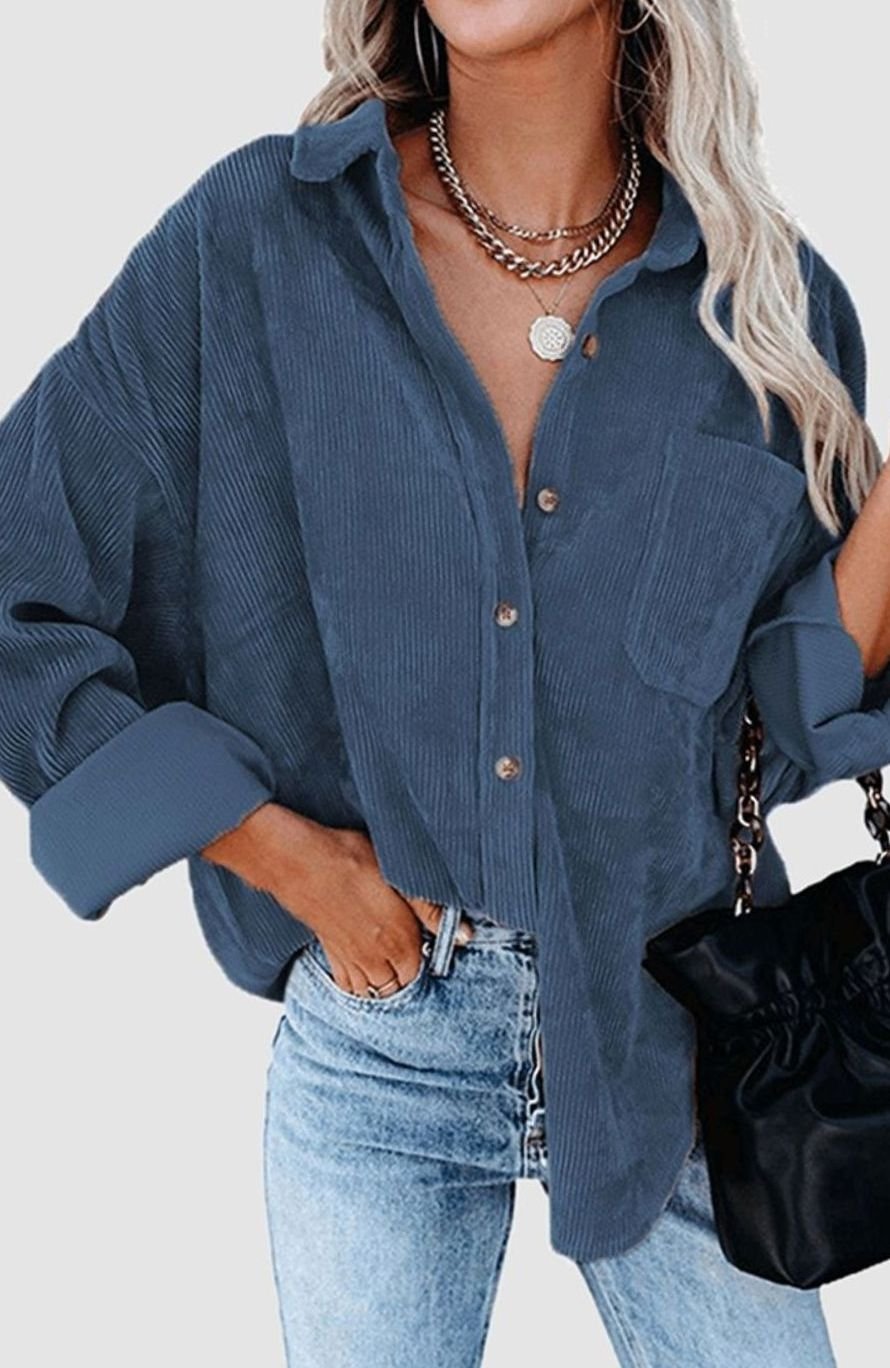 Women's Relaxed Drop-Shoulder Corduroy Button-Up Blouse