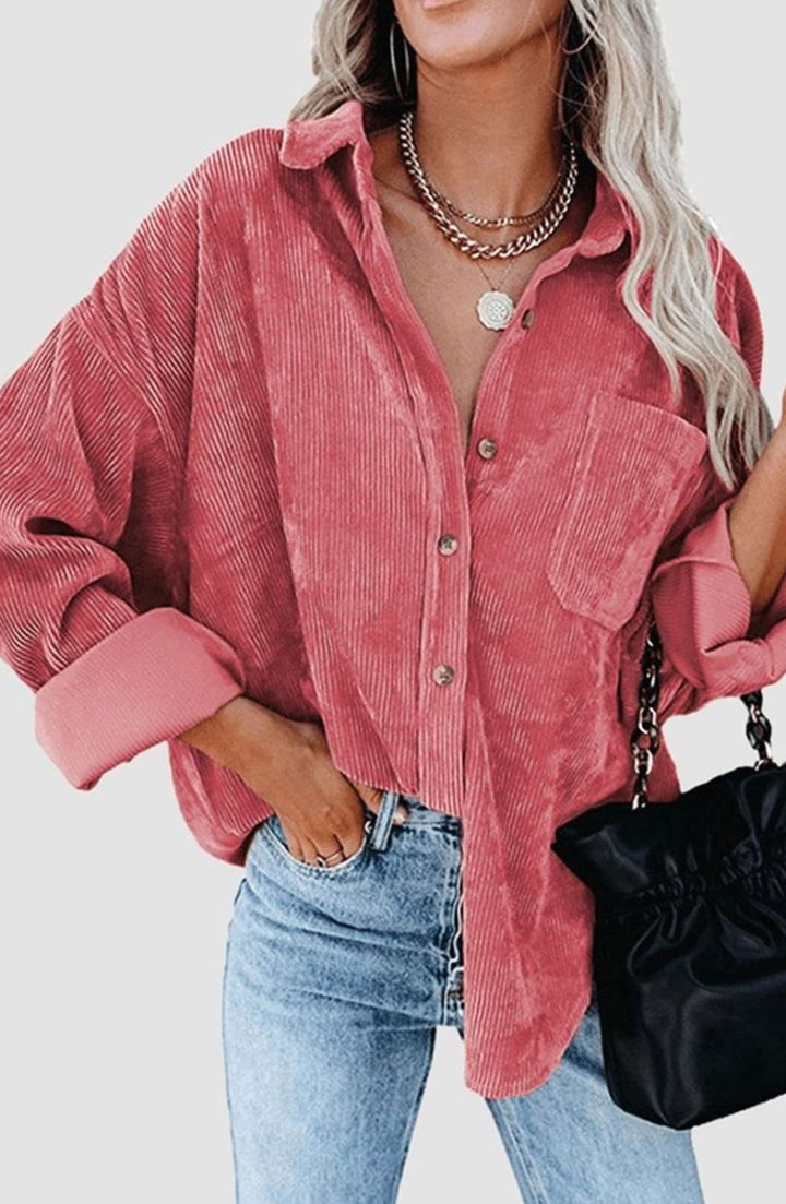 Women's Relaxed Drop-Shoulder Corduroy Button-Up Blouse