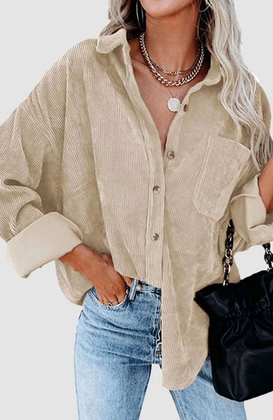 Women's Relaxed Drop-Shoulder Corduroy Button-Up Blouse