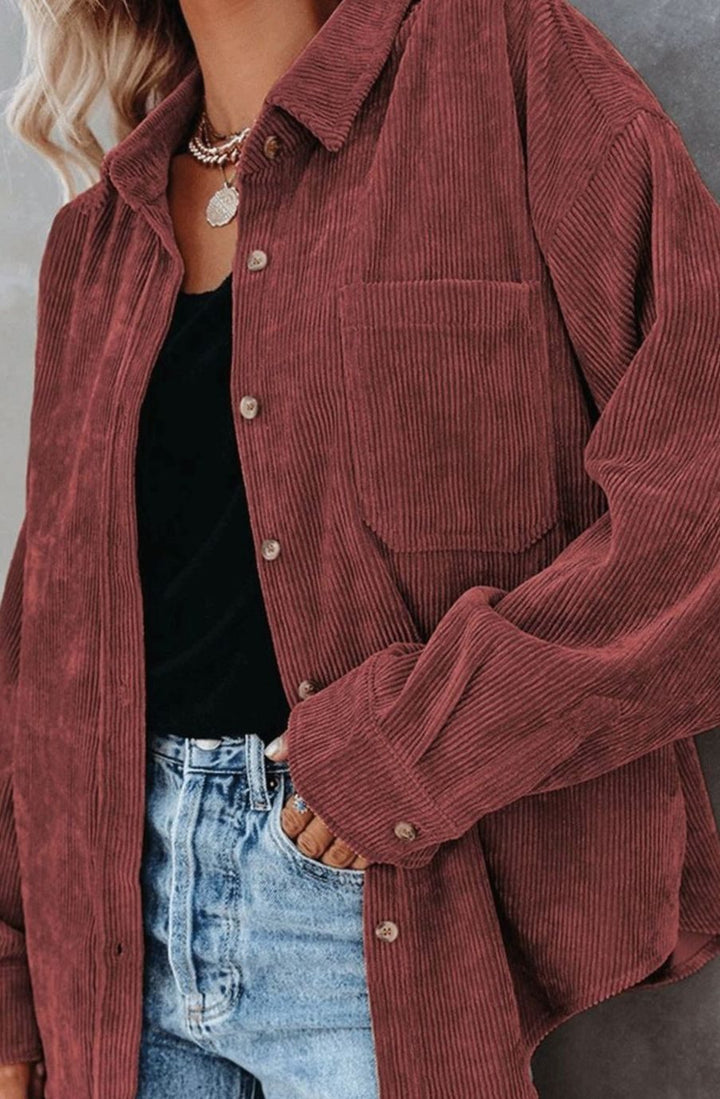 Women's Relaxed Drop-Shoulder Corduroy Button-Up Blouse