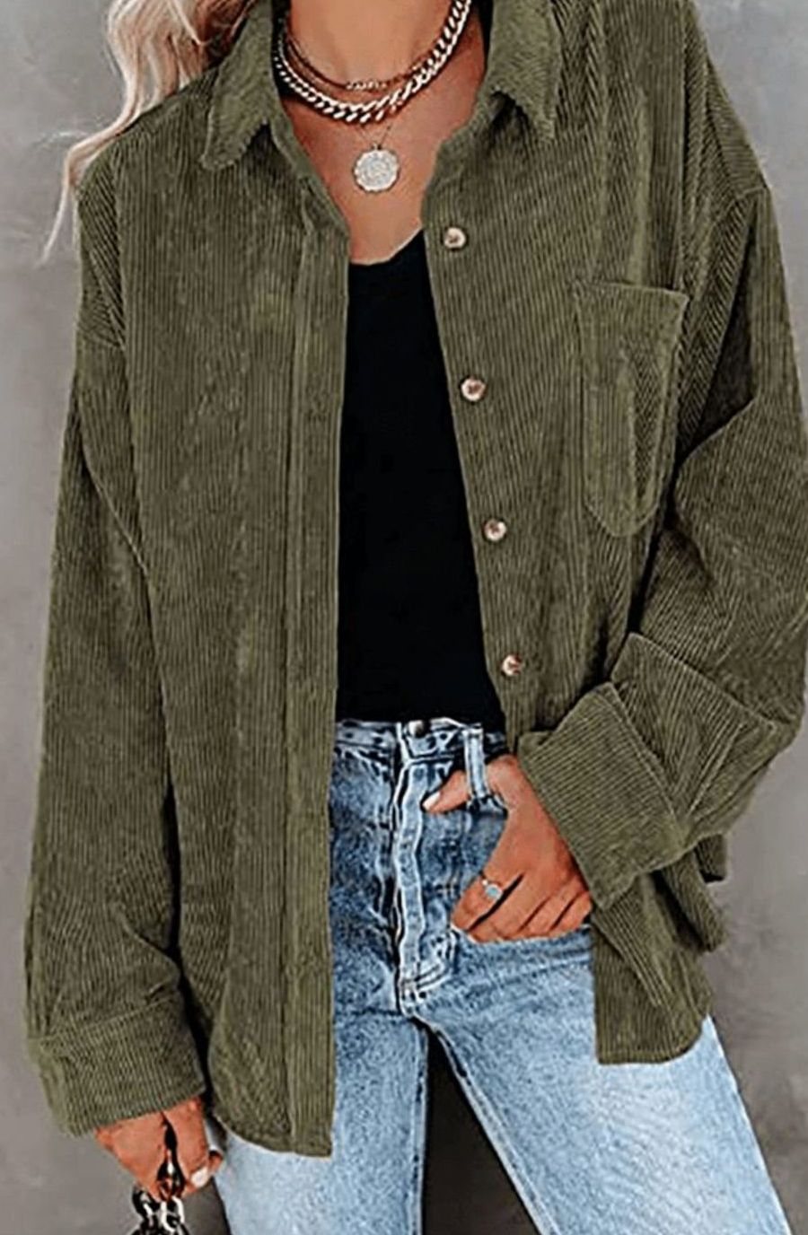 Women's Relaxed Drop-Shoulder Corduroy Button-Up Blouse