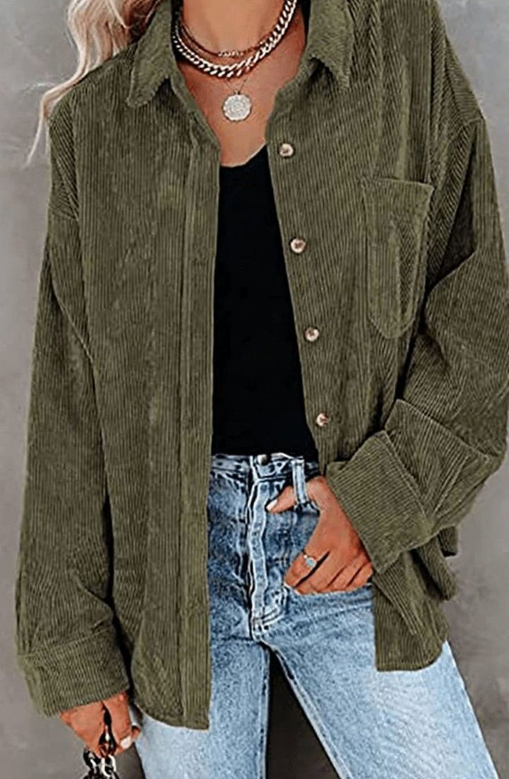 Women's Relaxed Drop-Shoulder Corduroy Button-Up Blouse