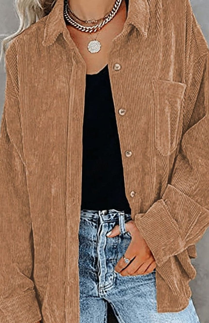 Women's Relaxed Drop-Shoulder Corduroy Button-Up Blouse