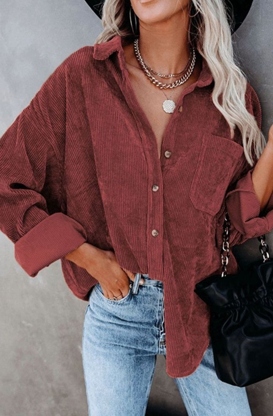 Women's Relaxed Drop-Shoulder Corduroy Button-Up Blouse