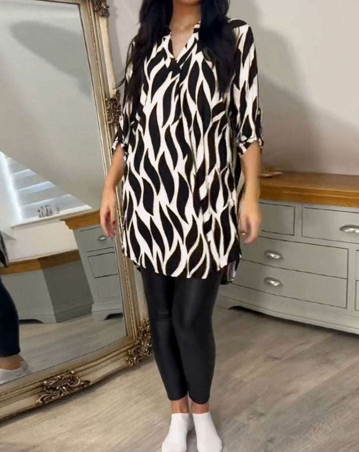 Women's Relaxed-Fit Abstract Print V-Neck Longline Blouse, Black