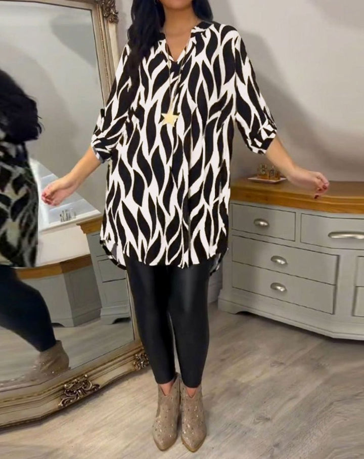 Women's Relaxed-Fit Abstract Print V-Neck Longline Blouse, Black