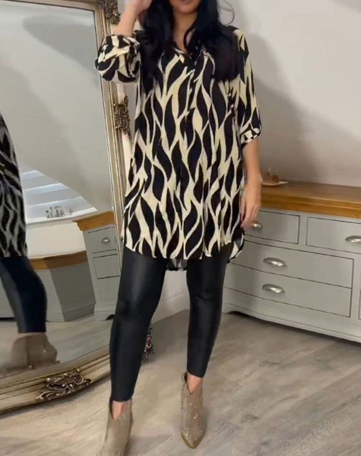 Women's Relaxed-Fit Abstract Print V-Neck Longline Blouse, Black - Black