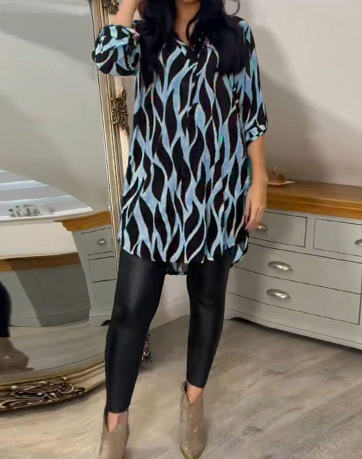 Women's Relaxed-Fit Abstract Print V-Neck Longline Blouse, Black - Blue