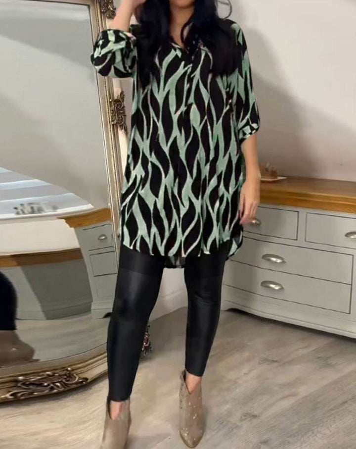 Women's Relaxed-Fit Abstract Print V-Neck Longline Blouse, Black - Green