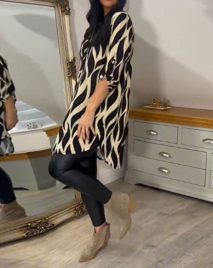 Women's Relaxed-Fit Abstract Print V-Neck Longline Blouse, Black