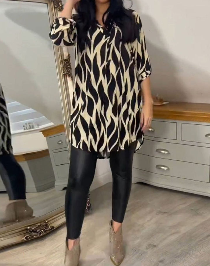 Women's Relaxed-Fit Abstract Print V-Neck Longline Blouse, Black