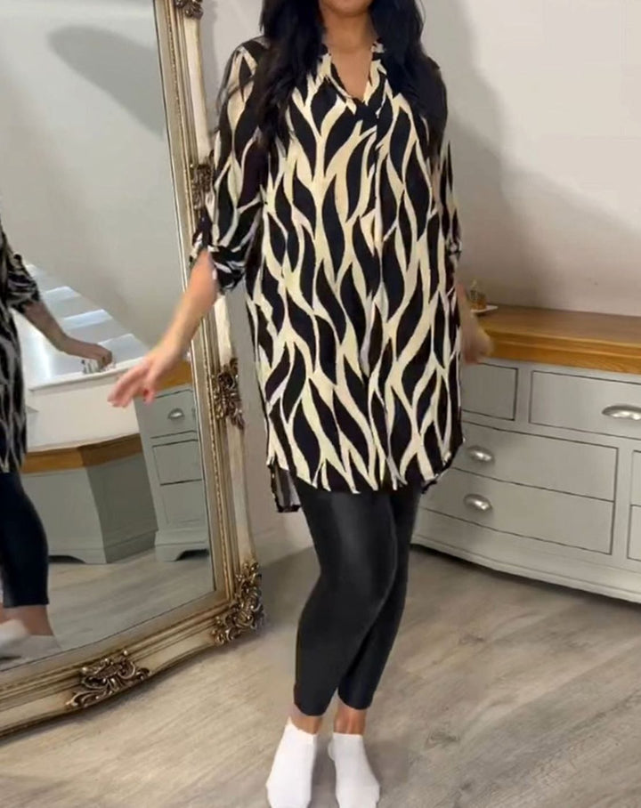 Women's Relaxed-Fit Abstract Print V-Neck Longline Blouse, Black