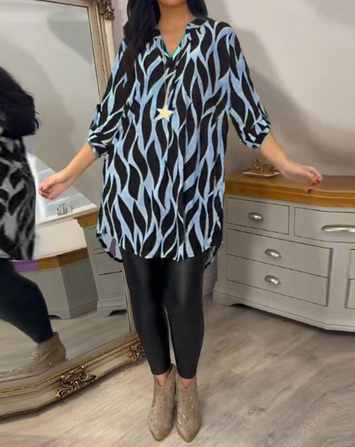 Women's Relaxed-Fit Abstract Print V-Neck Longline Blouse, Black