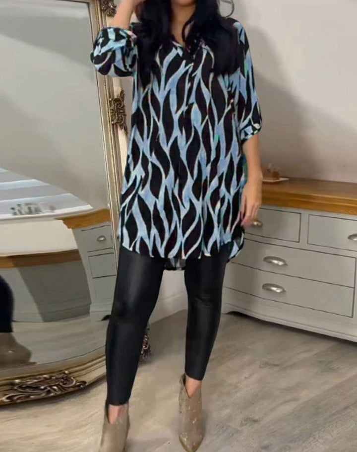 Women's Relaxed-Fit Abstract Print V-Neck Longline Blouse, Black