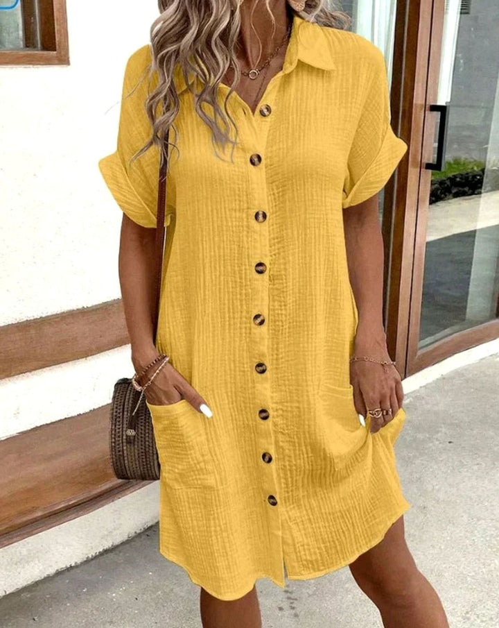 Women's Relaxed-Fit Button-Down Polo Shirt Dress Pockets - Yellow