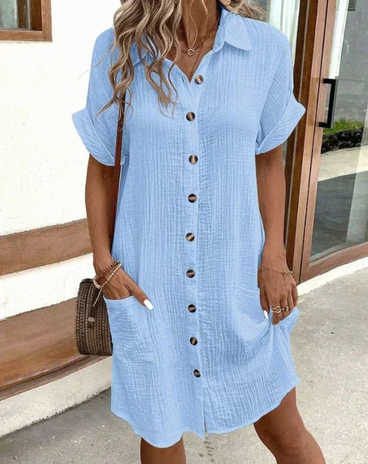 Women's Relaxed-Fit Button-Down Polo Shirt Dress Pockets - Blue