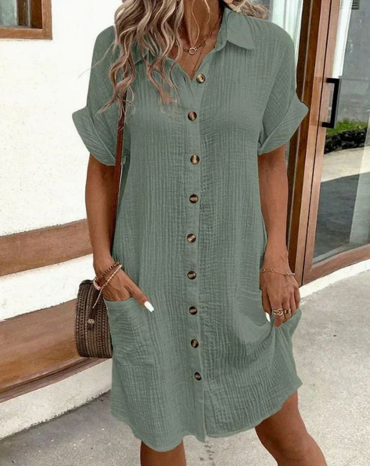 Women's Relaxed-Fit Button-Down Polo Shirt Dress Pockets - Green