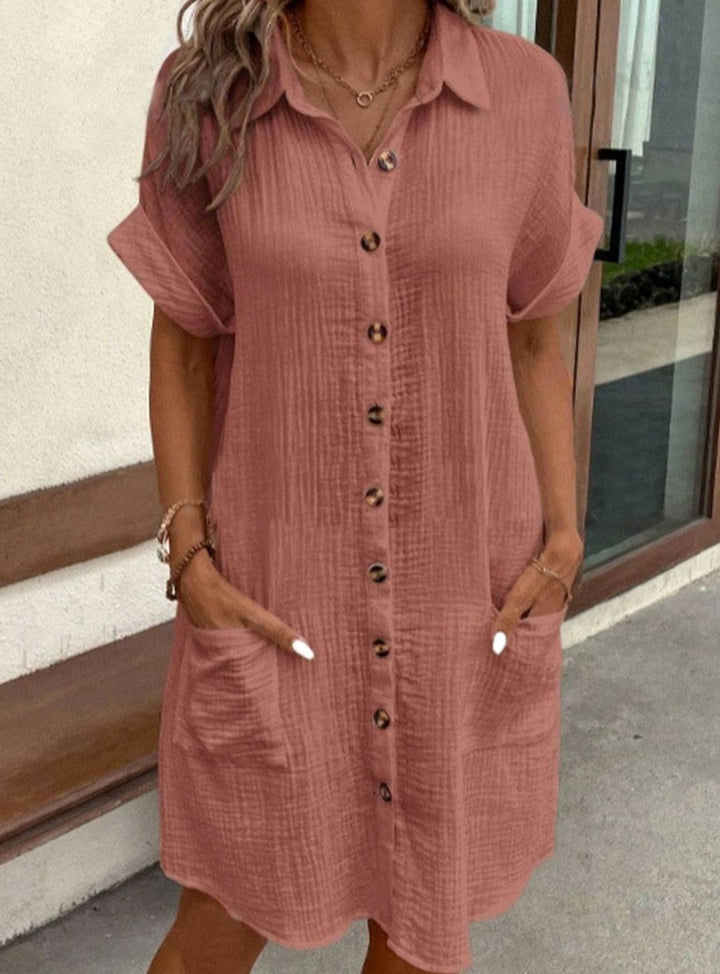 Women's Relaxed-Fit Button-Down Polo Shirt Dress Pockets - Red