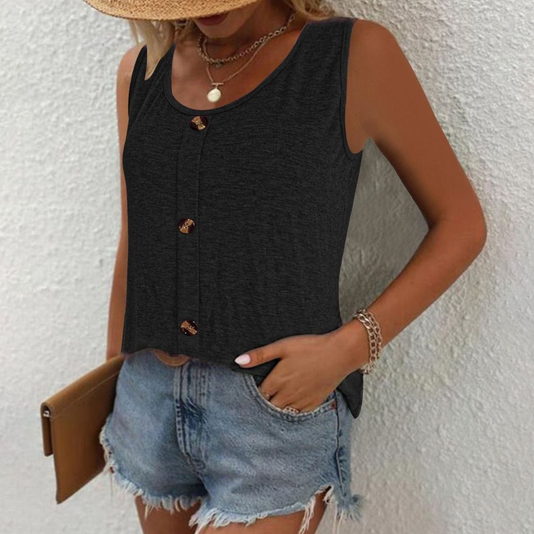 Women's Relaxed-Fit Button-Front Sleeveless Vest Top - Black
