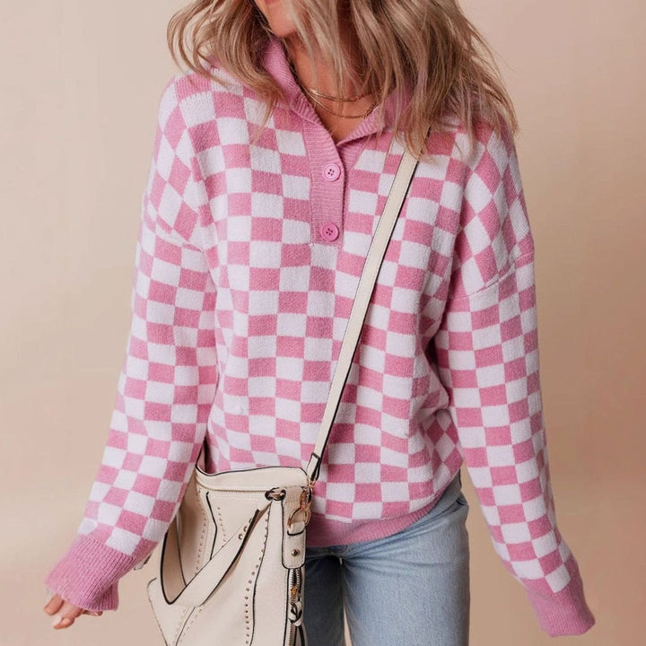 Women's Relaxed-Fit Checked Button-Collar Knit Jumper