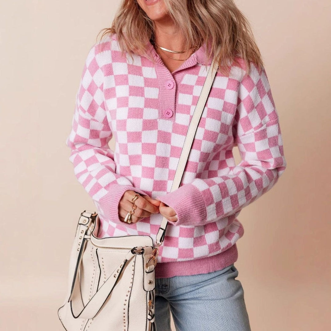 Women's Relaxed-Fit Checked Button-Collar Knit Jumper