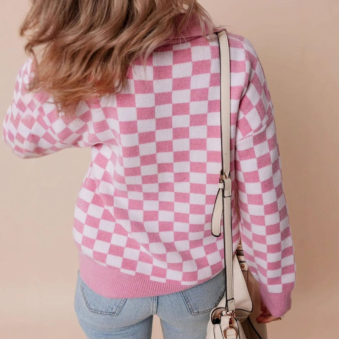 Women's Relaxed-Fit Checked Button-Collar Knit Jumper