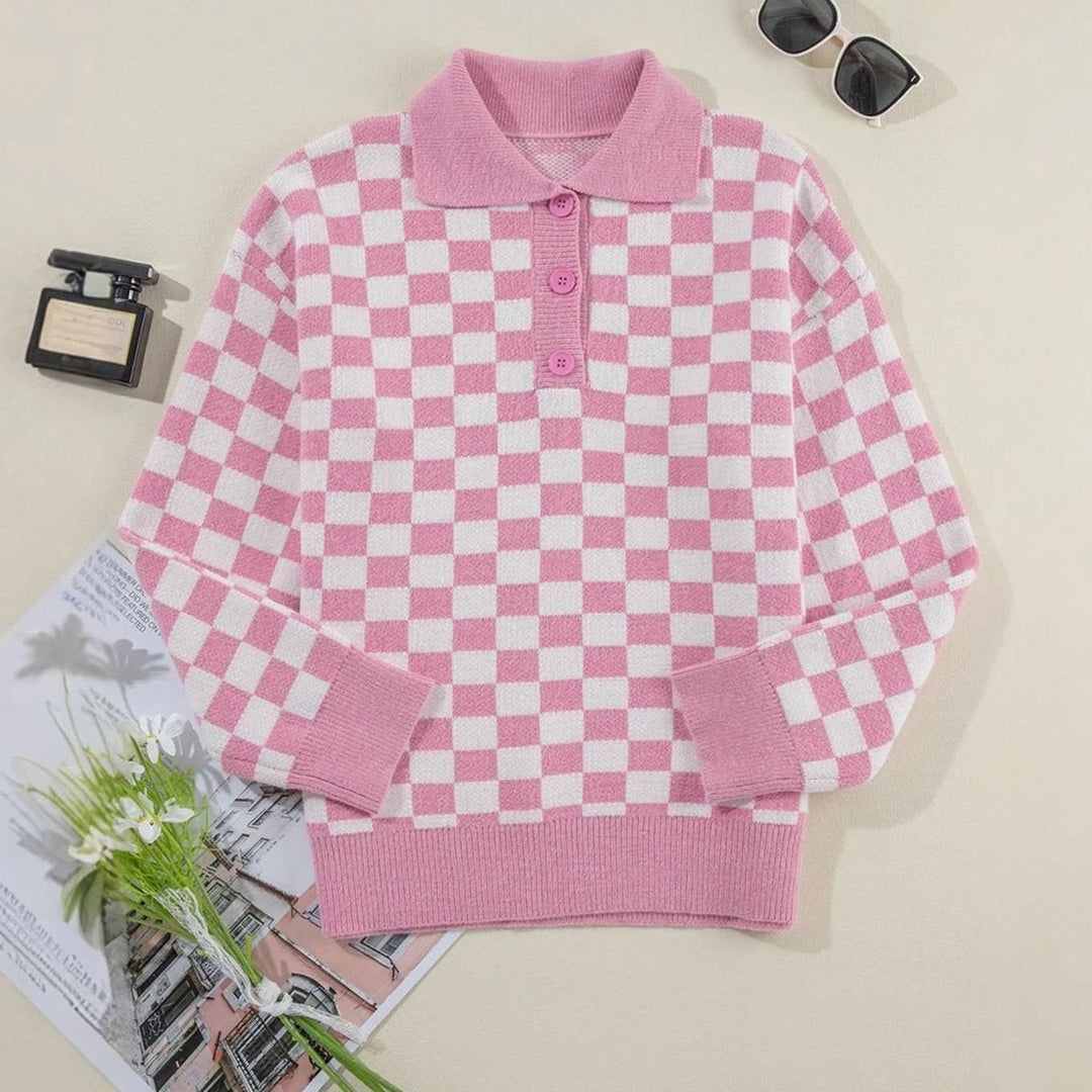 Women's Relaxed-Fit Checked Button-Collar Knit Jumper