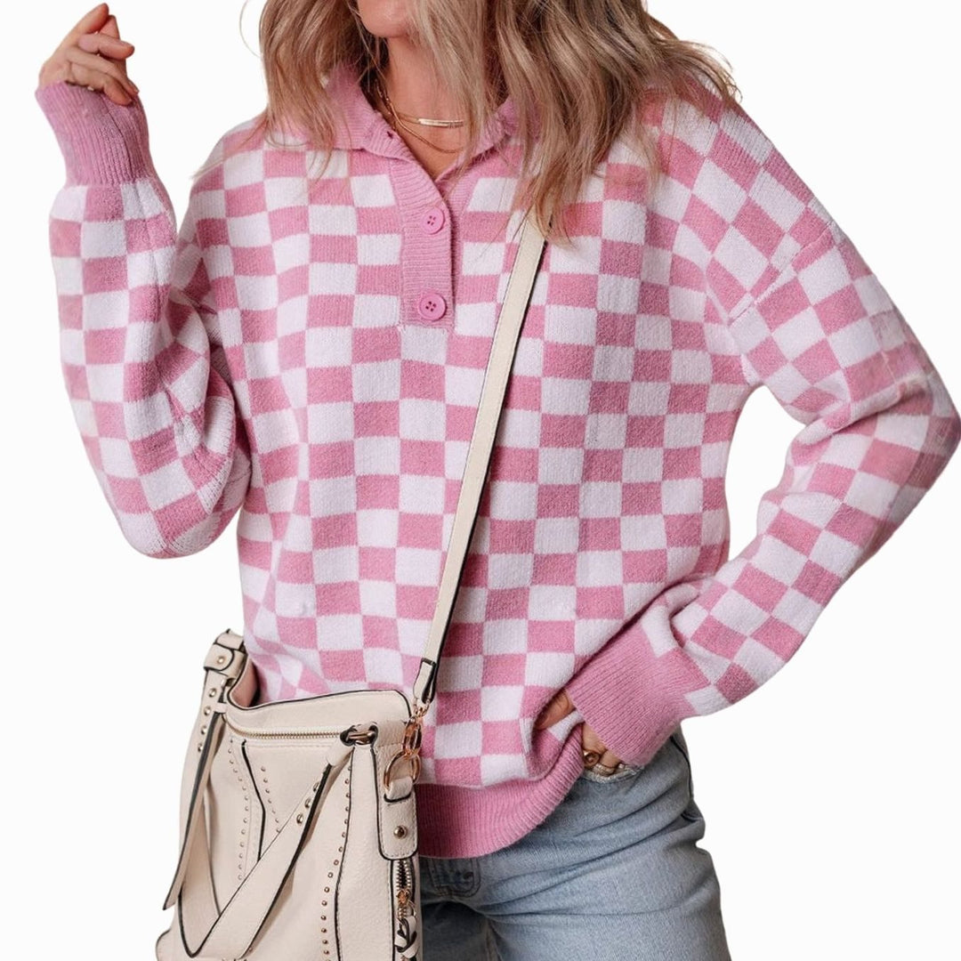Women's Relaxed-Fit Checked Button-Collar Knit Jumper