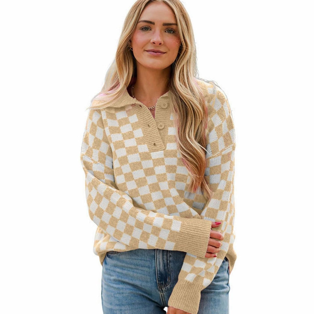 Women's Relaxed-Fit Checked Button-Collar Knit Jumper - Apricot