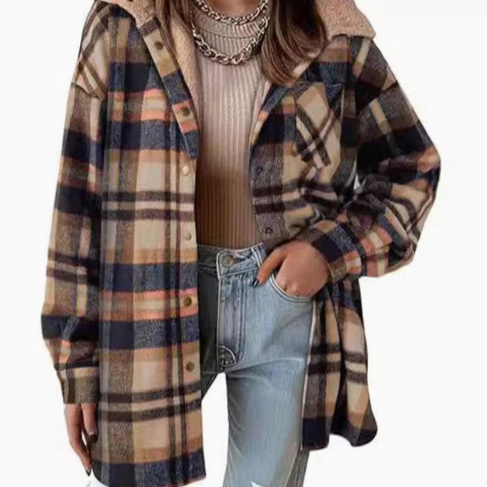 Women's Relaxed-Fit Checked Fleece-Lined Hooded Shacket - Coffee Brown