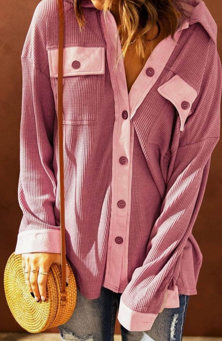 Women's Relaxed-Fit Contrast Waffle Knit Button-Up Shacket Top