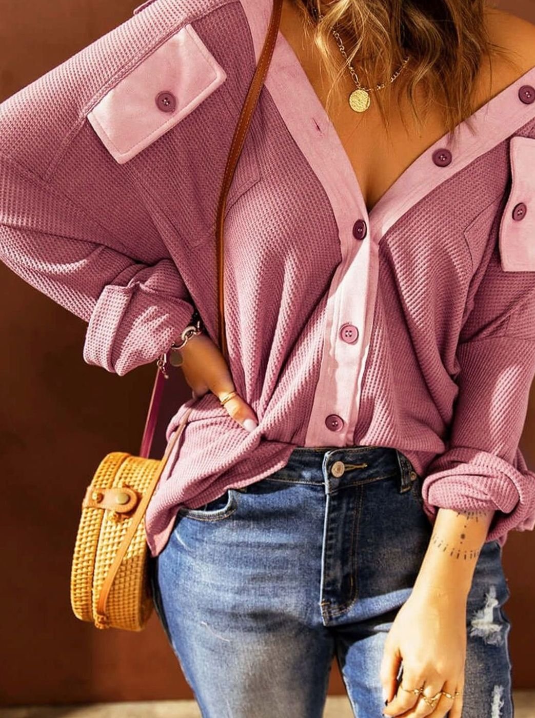 Women's Relaxed-Fit Contrast Waffle Knit Button-Up Shacket Top
