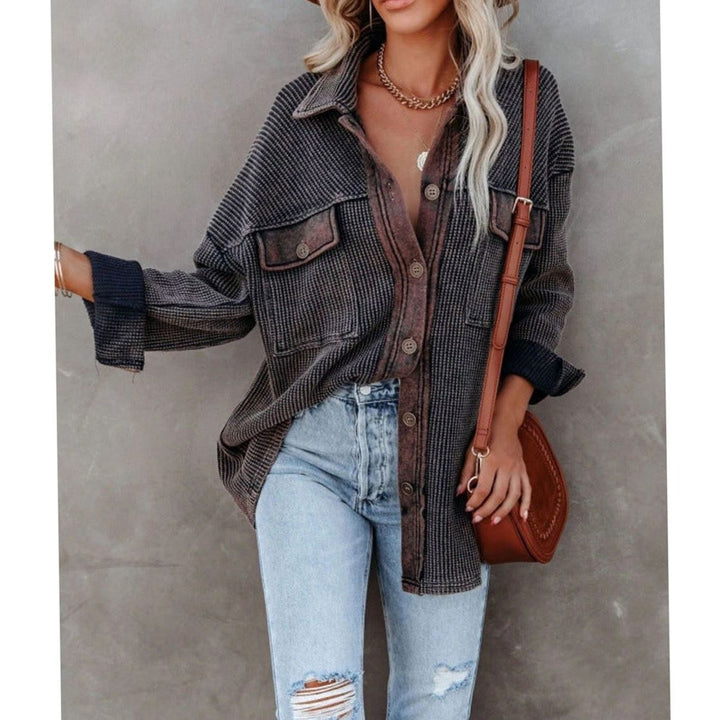 Women's Relaxed-Fit Contrast Waffle Knit Button-Up Shacket Top