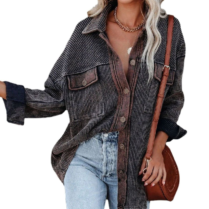 Women's Relaxed-Fit Contrast Waffle Knit Button-Up Shacket Top