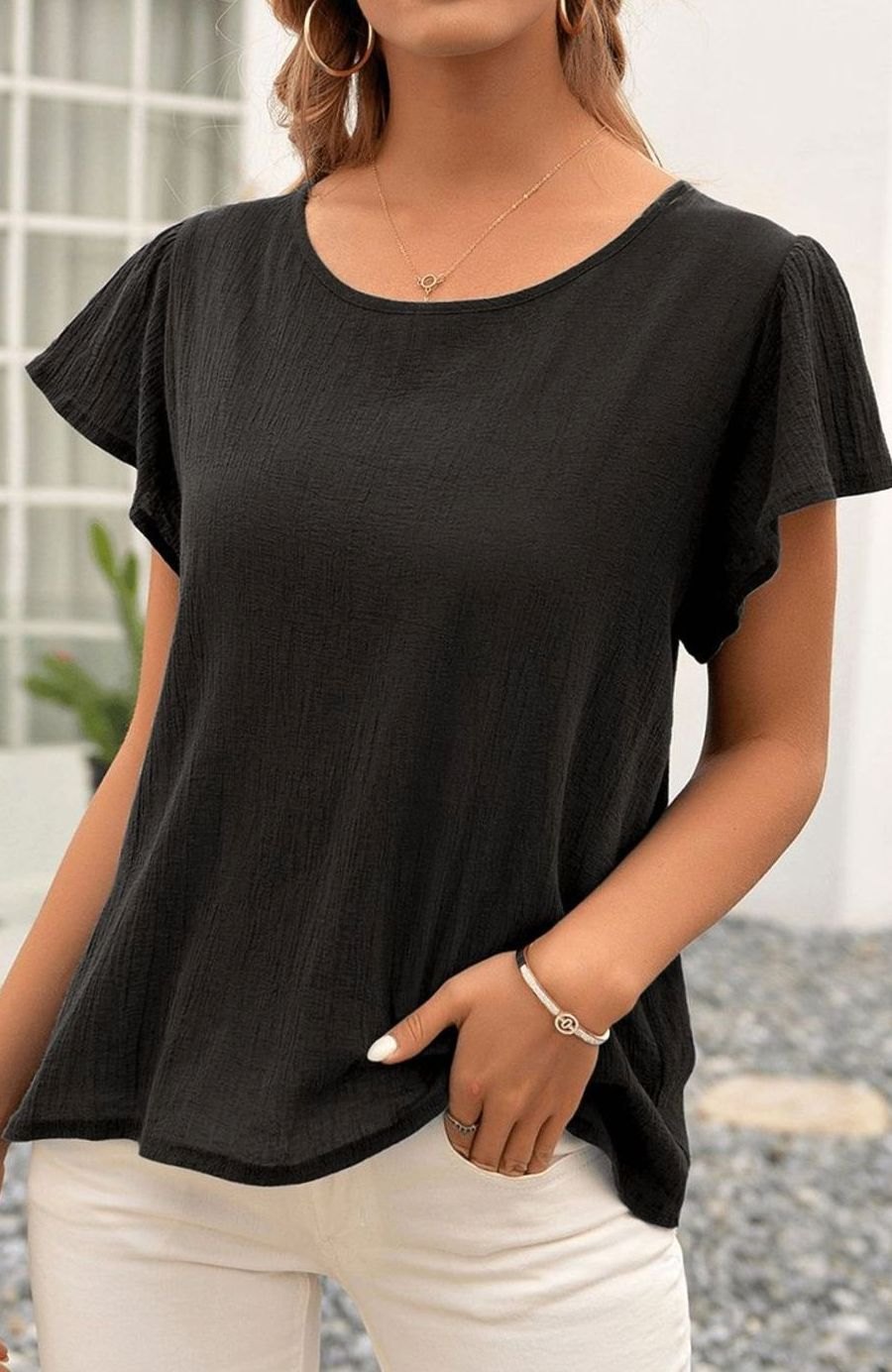 Women's Relaxed-Fit Crinkle-Textured Flutter Sleeve Blouse